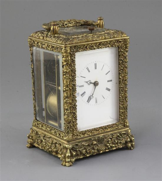A late 19th century French cast bronze hour repeating carriage clock, height 6in.